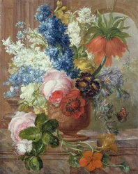 Roser, delphiniums, anemone, nasturtium og en kejserlilje i en skulptureret urne på en marmorkant (olie på lærred)