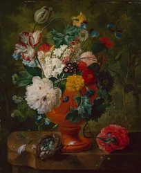 Sommerblomster i en urne med en fuglerede på en marmorafsats (olie på lærred)