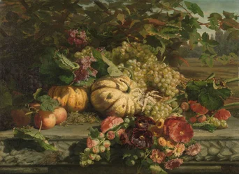 Stilleben med blomster og frugt