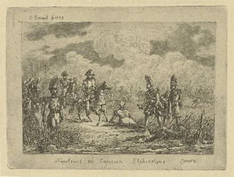 Napoleon med faldne soldater Napoleon I og kaptajn Elphinstone (Omera) (titel på objektet)