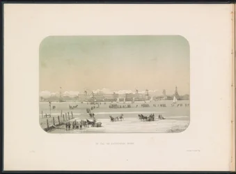 Isunderholdning på Maas i Rotterdam, set fra Katendrecht, 1855 Byen Katendrecht set (titel på objekt) Isunderholdningen på Maas i Rotterdam i februar 1855, med billedtekster (serietitel på objekt)