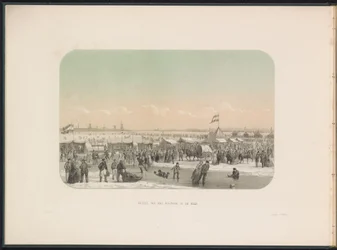 Isunderholdning på Maas i Rotterdam, set fra højborgen, 1855 Udsigt over højborgen på Maas (titel på objekt) Isunderholdningen på Maas i Rotterdam i februar 1855, med billedtekster (serietitel på objekt)