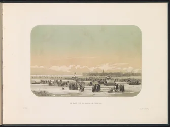 Isunderholdning på Maas i Rotterdam, i det fjerne fabrikken i Feijenoord, 1855 Maas foran fabrikken i Feijenoord (titel på objekt) Isunderholdningen på Maas i Rotterdam i februar 1855, med billedtekster (serietitel på objekt)