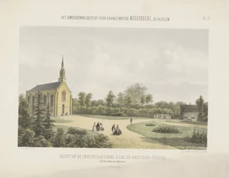 Kirke og portnerhus bag Meerenberg Udsigt over den protestantiske kirke og portnerens hus (titel på objektet) Lægeasylet for sindssyge Meerenberg nær Haarlem (serietitel på objekt)