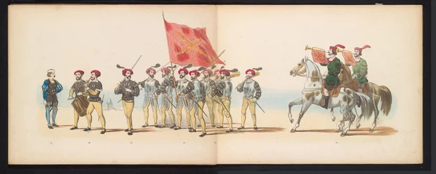 Masquerade of the Leiden Students, 1855 (plade 12) Udklædt procession afholdt af medlemmerne af Leidens studentkorps den 12. juni 1855 til fejring af 280-året for Leidsche Hoogeschool, der viser Charles V