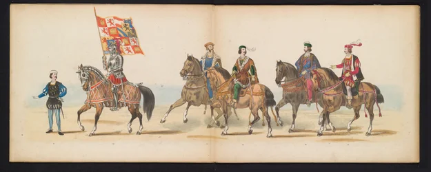Masquerade of the Leiden Students, 1855 (plade 7) Udklædt procession afholdt af medlemmerne af Leidens studentkorps den 12. juni 1855 til fejring af 280-året for Leidsche Hoogeschool, der viser Charles V