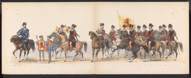 Masquerade of the Leiden Students, 1870 (plade 1) Udklædt procession afholdt af medlemmerne af Leidens studentkorps den 7. juni 1870 til fejring af 295-året for Leidsche Hoogeschool, der skildrer et besøg i Leiden i
