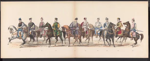 Masquerade of the Leiden Students, 1870 (plade 10) Udklædt procession afholdt af medlemmerne af Leidens studentkorps den 7. juni 1870 til fejring af 295-året for Leidsche Hoogeschool, der skildrer et besøg i Leiden i