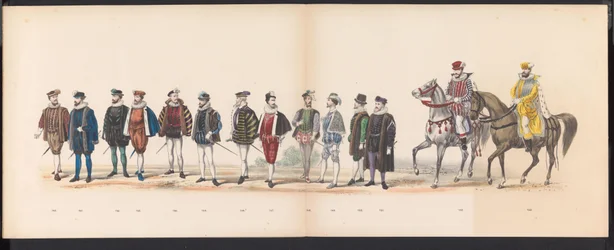 Masquerade of the Leiden Students, 1870 (plade 12) Udklædt procession afholdt af medlemmerne af Leidens studentkorps den 7. juni 1870 til fejring af 295-året for Leidsche Hoogeschool, der skildrer et besøg i Leiden i