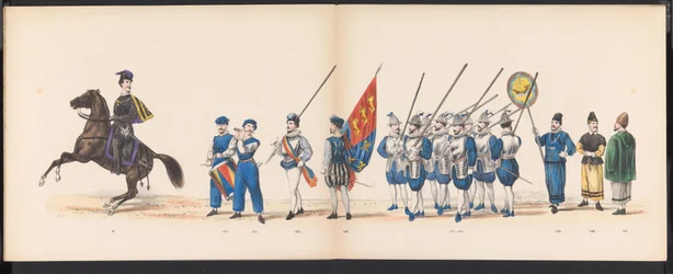 Masquerade of the Leiden Students, 1870 (plade 16) Udklædt procession afholdt af medlemmerne af Leidens studentkorps den 7. juni 1870 til fejring af 295-året for Leidsche Hoogeschool, der skildrer et besøg i Leiden i