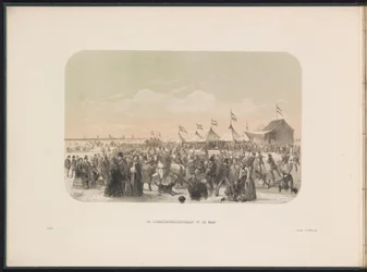 Skøjteløb på Maas i Rotterdam, 1855 Skøjtebanen på Maas (titel på objekt) Isunderholdningen på Maas i Rotterdam i februar 1855, med billedtekster (serietitel på objekt)