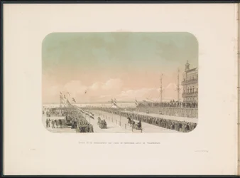 Race for hestevogne på Maas i Rotterdam, 1855 Udsigt over selevæddeløbet med heste- og gøglerslæde langs Willemskade (titel på objektet) Isunderholdningen på Maas i Rotterdam i februar 1855, med billedtekster (serietitel på objekt)