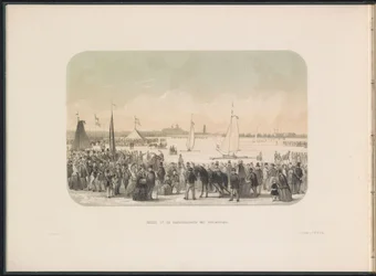Konkurrence om issejlbåde på Maas i Rotterdam, 1855 Udsigt over hardsailing-festen med isbåde (titel på objekt) Isunderholdningen på Maas i Rotterdam i februar 1855, med billedtekster (serietitel på objekt)
