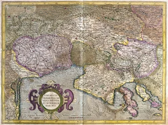 Friuli, Italien - Slovenien (Istrien) med Trieste-bugten og Balkan (gravering)