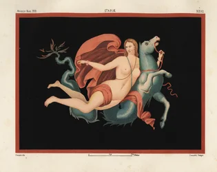 En Nereid (havnymfe) i kappe og armbånd, der rider på et havmonster eller hippocampus, halv hest og halv fisk. Museo Naz. XXII, Stabiae. Tegnet og kromolitograferet af Victor Steeger fra Emile Presuhn (1844-1878) Pompejis smukkeste malerier,