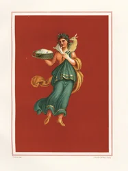 Allegorisk vægmaleri af foråret fra vestsiden af atriumet i Regio IX.V.11. Hun holder en ostekurv og bærer et lam over skuldrene. Kromolitografi af J.G. Bach efter en illustration af Geremia Discanno fra Emile Presuhn (1844-1878)