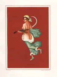 Allegorisk vægmaleri af sommeren fra øst for atriumet i Regio IX.V.11. Hun bærer en segl og hvede. Kromolitografi af Victor Steeger efter en illustration af Geremia Discanno fra Emile Presuhn (1844-1878) De smukkeste malerier af Po