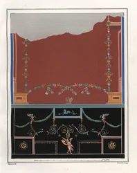 Vægmaleri fra et atrium i Tryptolemus-huset. VI, Ins. VII, nr. 18. Kromolitografi af Victor Steeger efter en illustration af Geremia Discanno fra Emile Presuhn (1844-1878) Pompejis smukkeste malerier, Leipzig