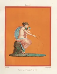 Vægmaleri af Venus og Amor, der fisker med stænger fra en dam. Fundet i Regio V.V.3, Gladiatorernes Hus. Kromolitografi af Victor Steeger efter en illustration af Geremia Discanno fra Emile Presuhn (1844-1878) De smukkeste malerier af Pompeji,