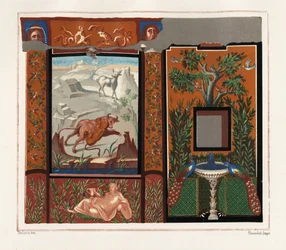 Vægmaleri i et viridarium (have) med en tiger, der angriber en tyr, og påfugle på et springvand, fra Huset med de indskrevne billeder, Regio V, Insula I, nr. 18. Kromolitografi af Victor Steeger efter en illustration af Geremia Discanno fra Emile Presu