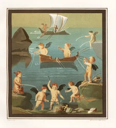 Vægmaleri af amoriner, der leger, fisker, sejler fra et kabine i Restaurantens Hus (Casa di Lupanare Piccolo) på 14, Regio IX, Insula V. Chromolithograph af J.G. Bach efter en illustration af Geremia Discanno fra Emile Presuhn (1844-1878) T