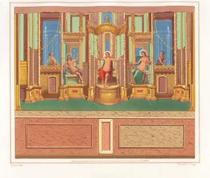 Vægmaleri, der viser Bacchus, Venus og Apollo fra et afsides siddende område i et hjørne af en have i Domus M. Herenulli Communis eller House of Apollo, Reg. VI, Ins. VII, nr. 23. Kromolitografi af Victor Steeger efter illustration af Geremia Discan