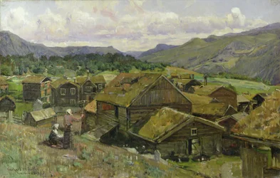 En norsk landsby med to kvinder (olie på lærred)
