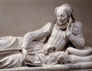 Gravmonument: Grav med portræt af Jeanne Valentine Balbiani (1518-1572), hustru til kardinal René de Birague (1506-1583), Frankrigs kansler. Detalje. Marmorskulptur af Germain Pilon (1535-1590), omkring 1573. Paris, Musée du Louvre