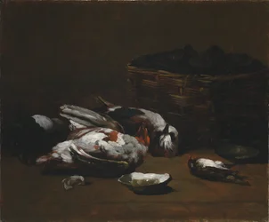 Stilleben med døde fugle og en kurv østers, ca. 1860 - 1880.