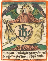 Hellig monogram i et hellig hjerte på en klud, der er indeholdt af en engel
