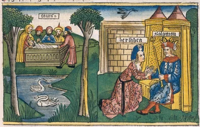 1 Konger 2, 10-11 Davids død, og 2 Konger 19-25 Batseba beder Salomon om at lade Abisag gifte sig med Adonija, fra Nürnbergbibelen (Biblia Sacra Germanaica)