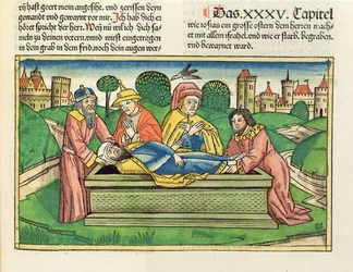 2 Krønikebog 35 24 Josias begravelse, fra Nürnbergbibelen (Biblia Sacra Germanaica) (farvet træsnit)