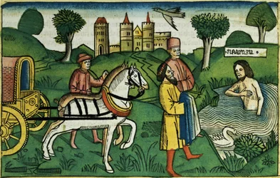 2 Kongebog 5 14 Rensningen af Naaman, fra Nürnbergbibelen (Biblia Sacra Germanaica) (farvet træsnit)