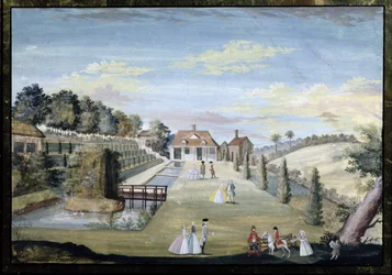 En formel vandhave med terrasser, vandparterres og paraderfigurer, ca. 1730