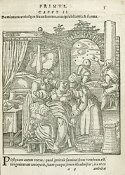 A Woman in Labour, illustration fra kapitel 2, bog 1 af On the Conception and Growth of Man af Rueff, 1587