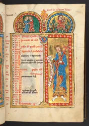Tilføje. 60629, f.3. maj, fra 12 kalendersider i guld og farver, med arkitektoniske rammer, der hver indeholder et stjernetegn, en apostel og månedens arbejde (vellum)