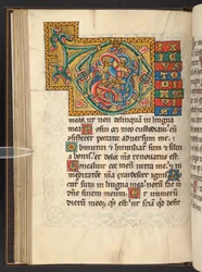 Tilføje. 60629, f.43v Store indrammede initialer i guld og farver med foliate og nogle gange zoomorphic og antropomorphic ornament (vellum)