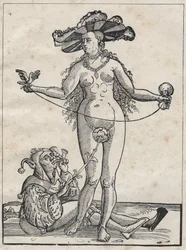 Allegori om galskab - allegorie de la folie (Kvinden og fjolset) Tysk stik fra det 16. århundrede.
