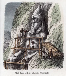 Oldtidens historie. Egypten. Statue udhugget på en klippe ... (gravering)
