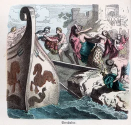 Oldtidens historie. Grækenland. Græske piraters plyndring af en by. Tysk ... (kobberstik)