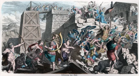 Oldtidens historie. Rom. Romere angriber en by ... (kobberstik)