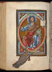 Arundel 156, f.99v, Kristus sidder på tronen i majestæt i en mandorla, omgivet af evangelisternes fire symboler, fra 