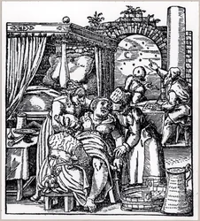 Astrologer støber et horoskop for barnet, der bliver født til en kvinde i en fødestol, fra De Conceptu et Generatione Hominis af Jacob Rueff, udgivet i Frankfurt, 1587