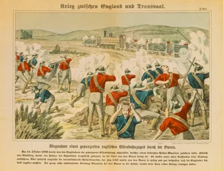 Boerne beslaglægger et pansret engelsk tog under Anden Boerkrig, nær Maseking, 14. oktober 1899, udgivet af C. Burckhardts Nachf, Weissenburg, 1899