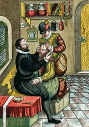 Kataraktoperation, fra Ophthalmodouleia af Georg Bartisch (1535-1636) udgivet i Dresden i 1583 (træblok i farver)