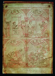 Codex 507 fol.2r Væver, Skomager, Fiskere og Jæger, fra Renner Musterbuch, c.1208-18