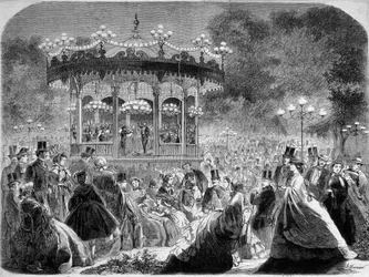 Koncert i Champs-Elysées musikkiosk, tysk stik v. 1861.