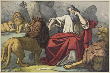 Daniel i løvehulen, illustration fra LANcien Testamente, udgivet af Jakob Ferdinand Schreiber, Esslingen (farvestik)