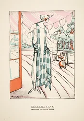 "Das Auto Ist Da!", reklame for kjole af Marie Latz, fra Styl, pub.1922 (pochoir print)