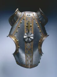 Demi-chanfron, Augsburg, ca. 1550 (ætset og forgyldt stål med læder)